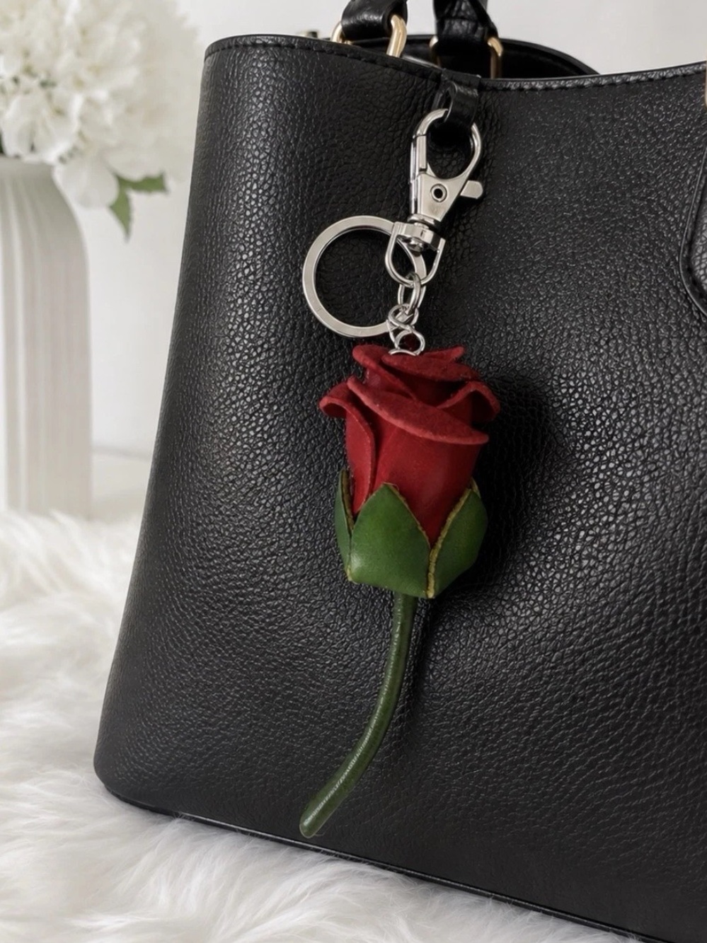 Leather Rose Flower Keychain bag charm handmade gift new